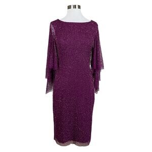 Adrianna Papell Beaded Long Flutter Sleeve Sheath Cocktail Dress Purple Size 4